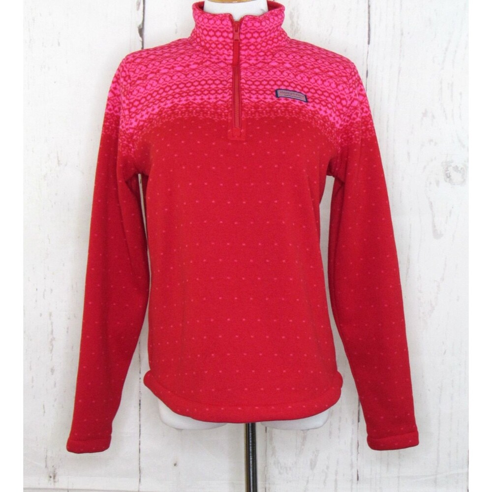 Vineyard Vines Women's Fair Isle Shep Shirt Sweater Size M Red Pink 1/4 Zip